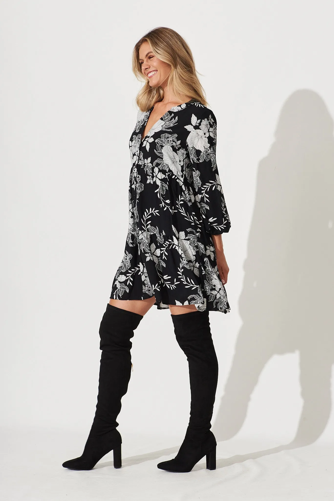 Cozumel Smock Dress In Black With White Floral Print sold by St Frock product image thumbnail 4