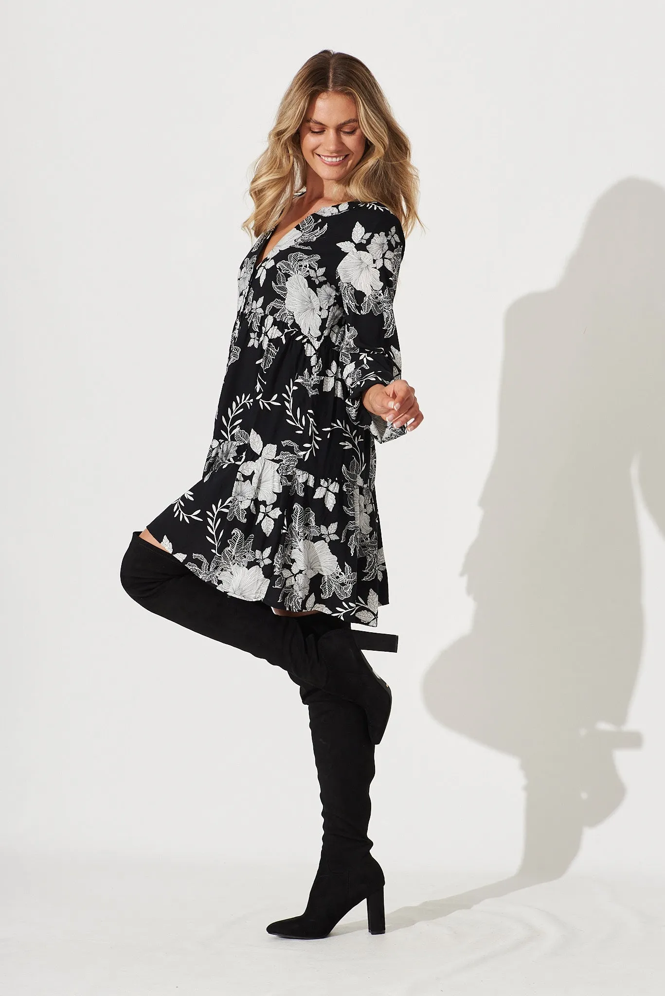Cozumel Smock Dress In Black With White Floral Print sold by St Frock product image thumbnail 3