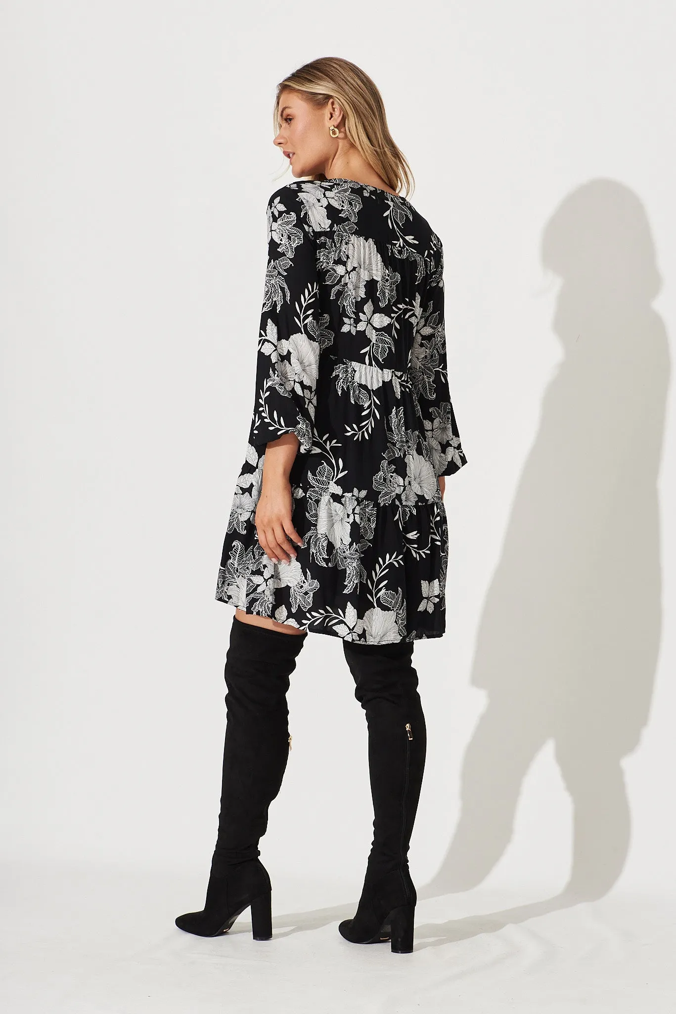 Cozumel Smock Dress In Black With White Floral Print sold by St Frock product image thumbnail 5