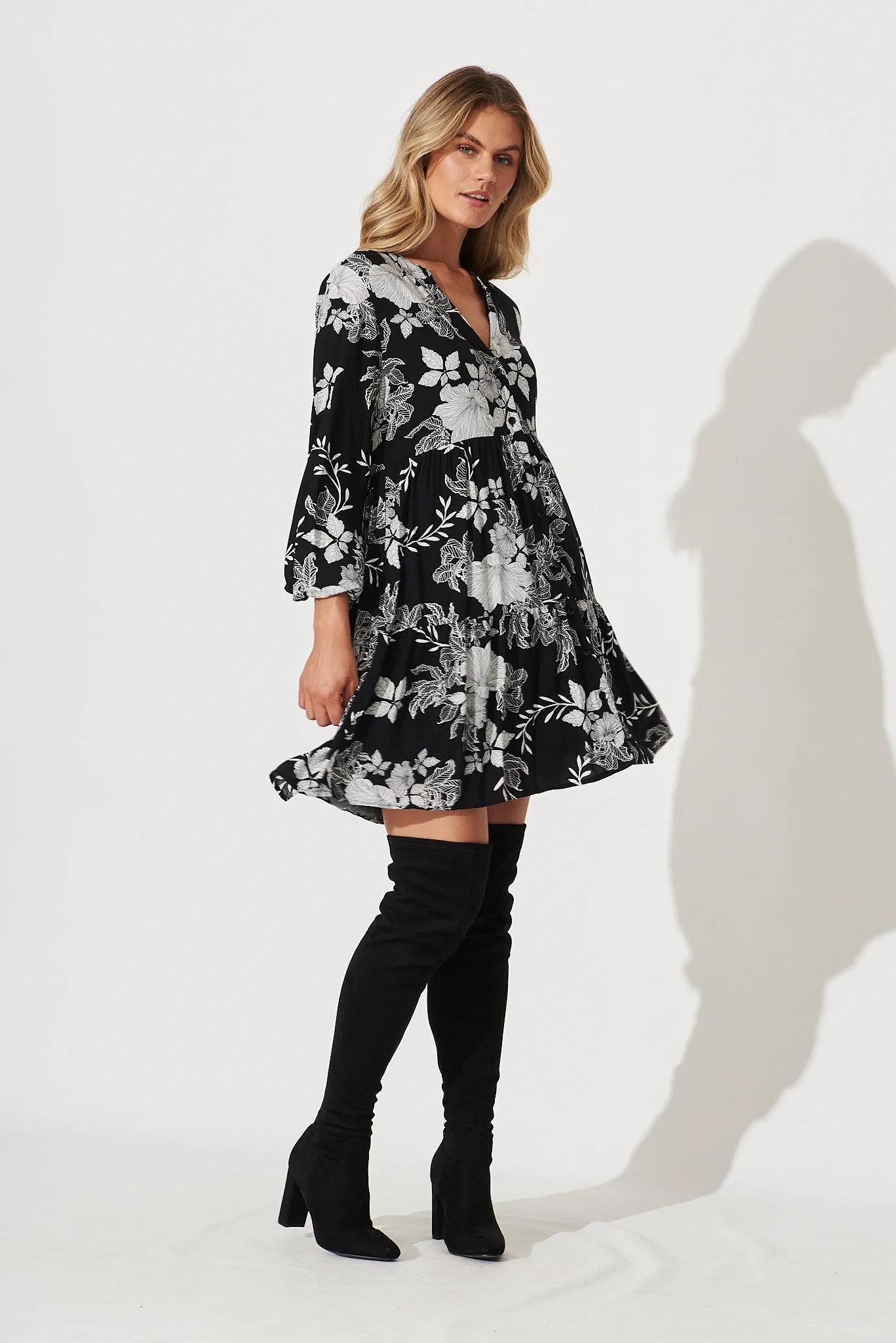 Cozumel Smock Dress In Black With White Floral Print sold by St Frock product image thumbnail 2