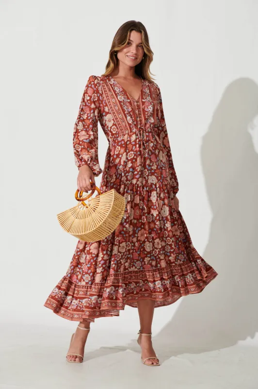 Financier Maxi Dress In Rust With Beige Boho Floral sold by St Frock