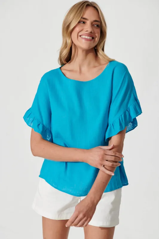Ebby Top In Aqua Linen Blend sold by St Frock