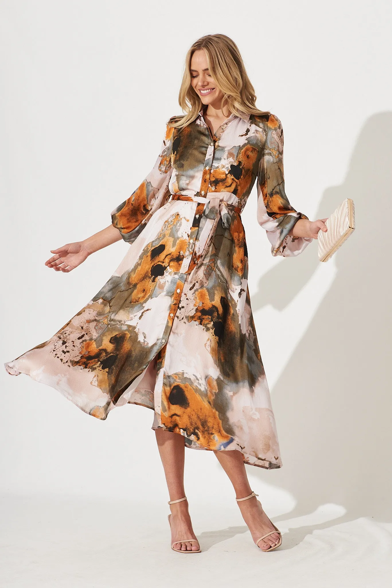 Josy Midi Shirt Dress In Grey With Rust Print sold by St Frock