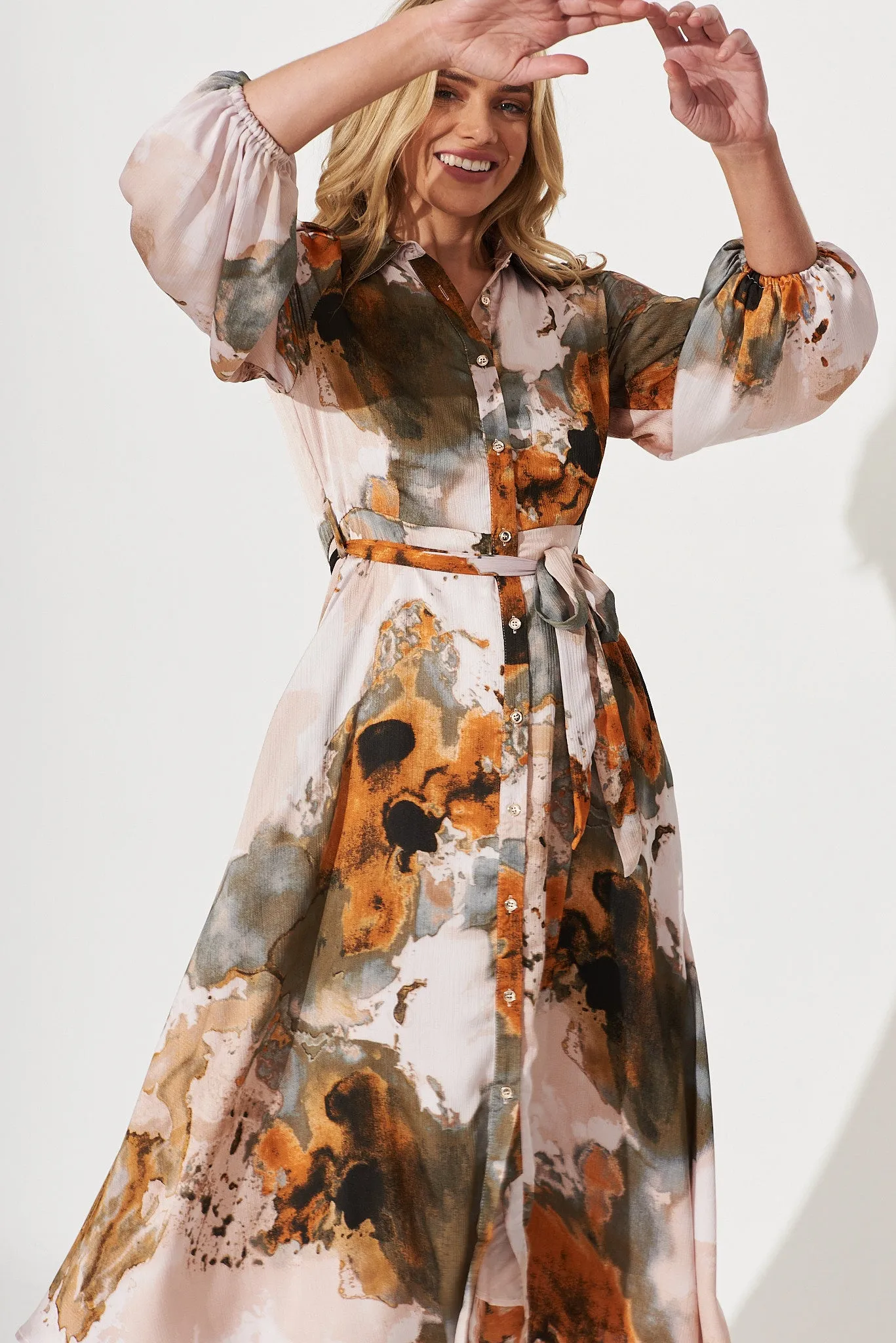 Josy Midi Shirt Dress In Grey With Rust Print sold by St Frock product image thumbnail 3