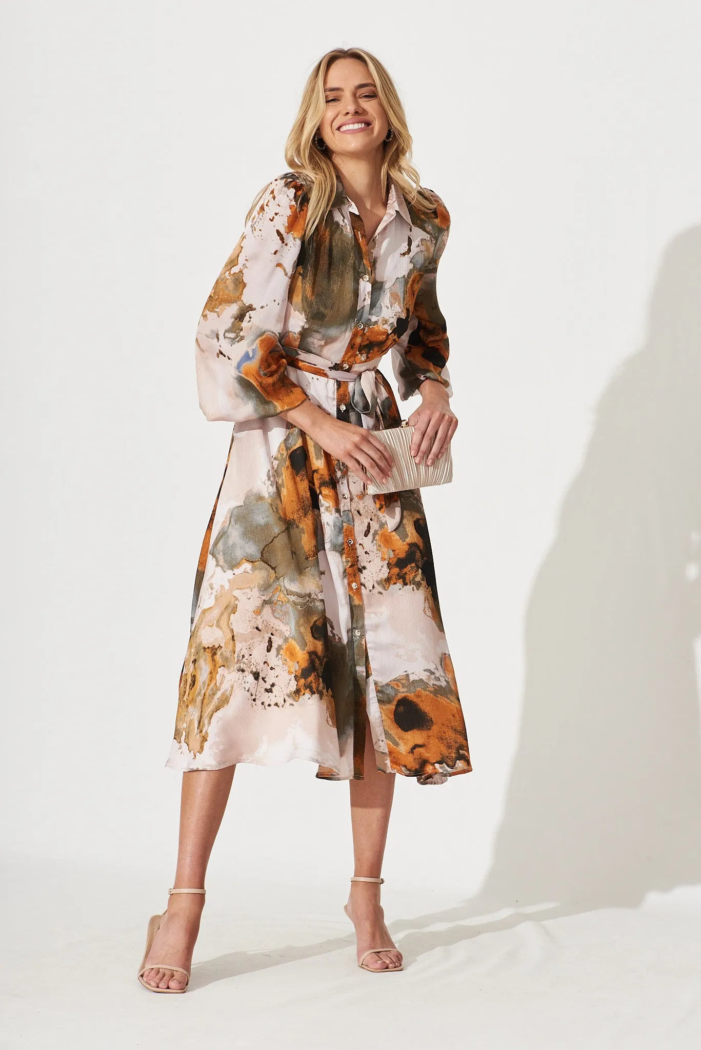 Josy Midi Shirt Dress In Grey With Rust Print sold by St Frock product image thumbnail 2