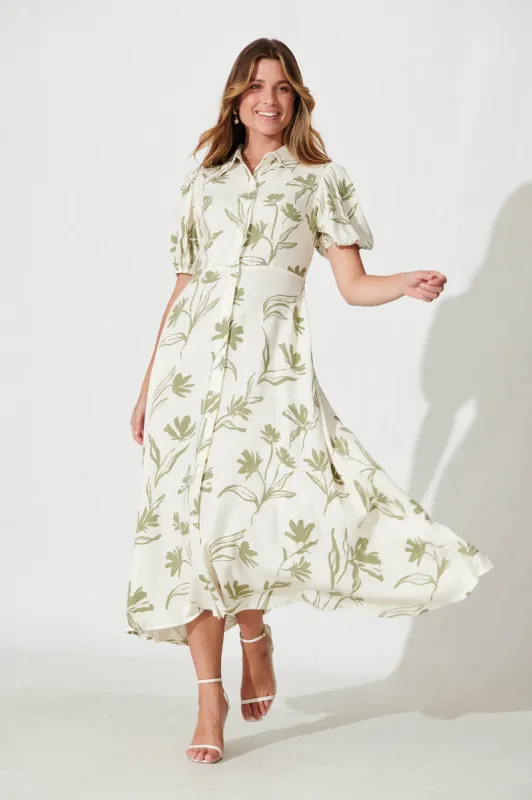Cameron Maxi Dress In Cream With Khaki Floral Linen Blend sold by St Frock