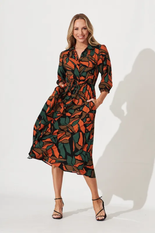 Davina Midi Shirt Dress In Multi Green With Rust Print sold by St Frock
