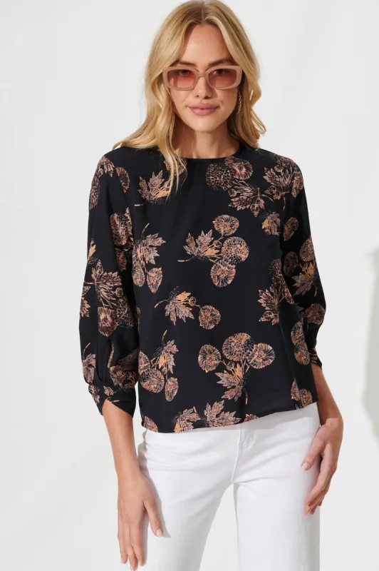Rhiah Top in Charcoal with Apricot Floral sold by St Frock