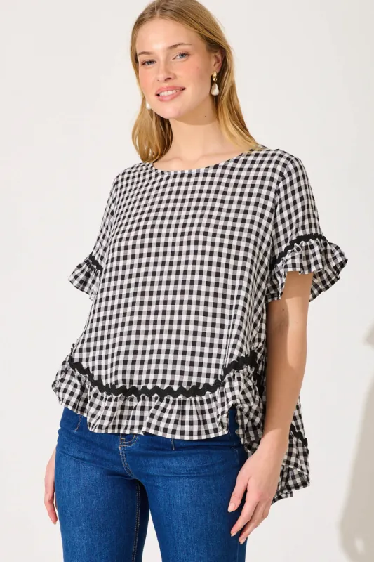 Catharina Top In Black Gingham And Ric Rac Trim Cotton Blend sold by St Frock