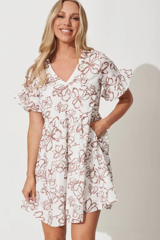 Lindsey Smock Dress In White With Brown Floral Cotton Blend sold by St Frock