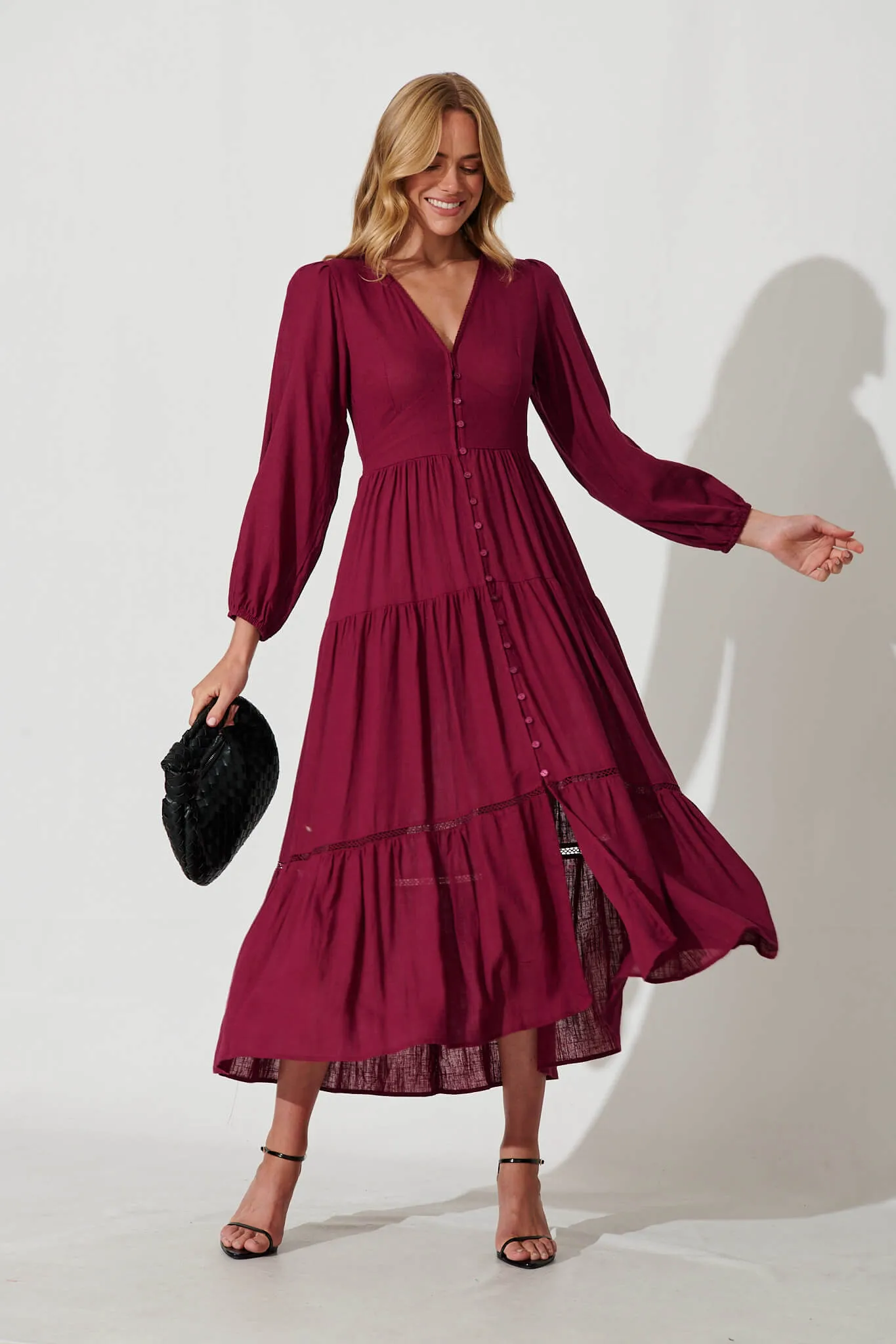 Galaxy Maxi Dress In Maroon Linen Blend sold by St Frock