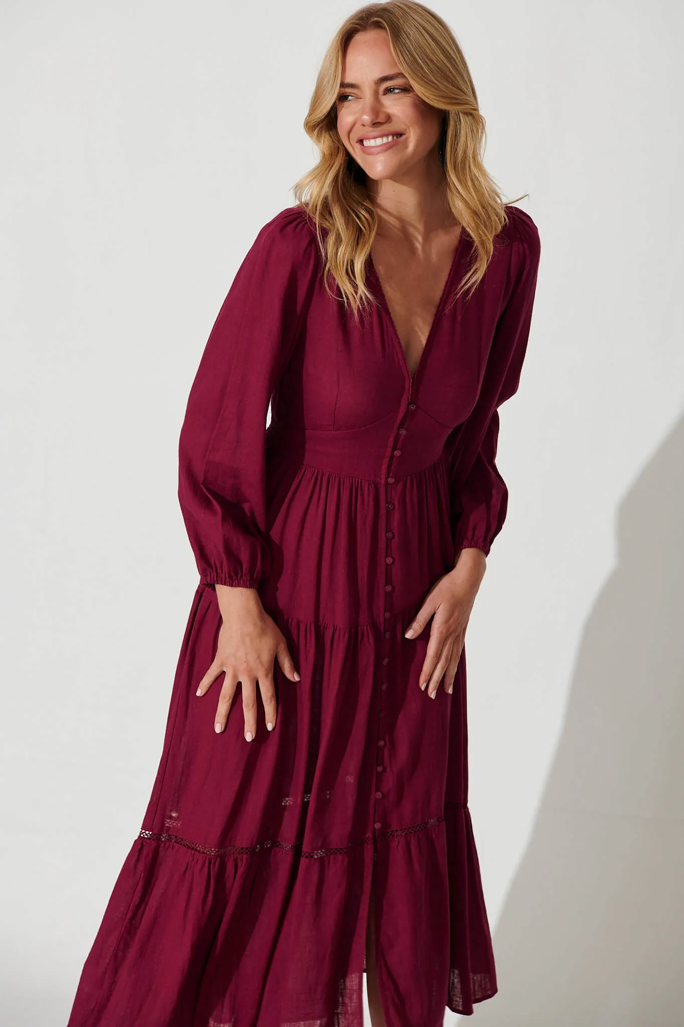 Galaxy Maxi Dress In Maroon Linen Blend sold by St Frock product image thumbnail 2