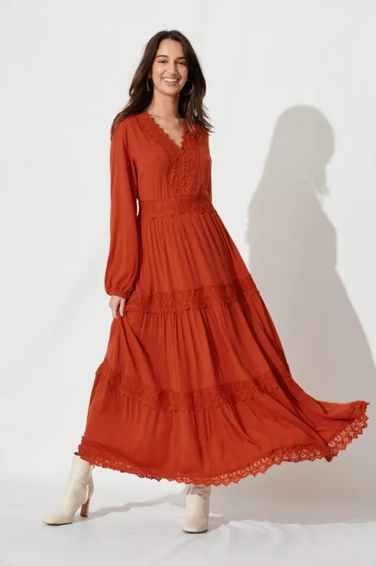 Monarch Maxi Dress In Rust sold by St Frock