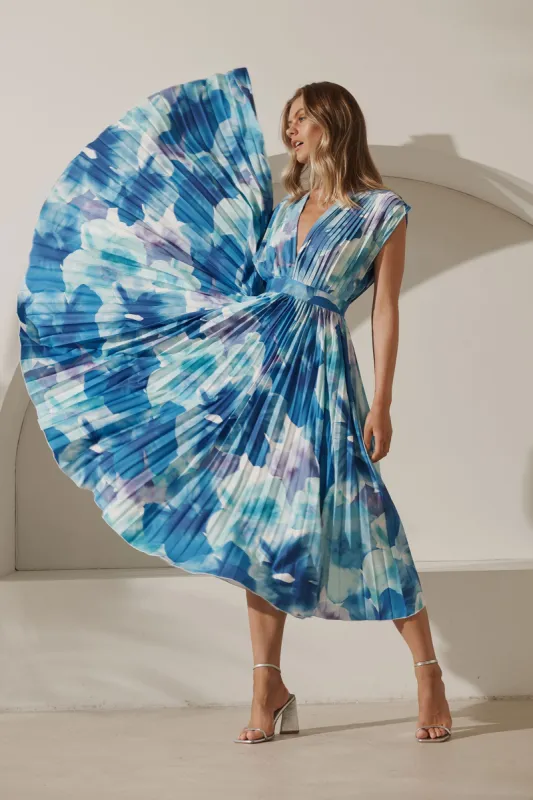 Anetta Midi Dress In Cobalt Blue Watercolour Floral sold by St Frock