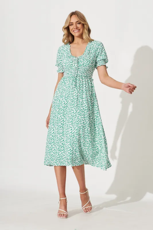 Lucille Midi Dress In White With Green Ditsy Floral sold by St Frock