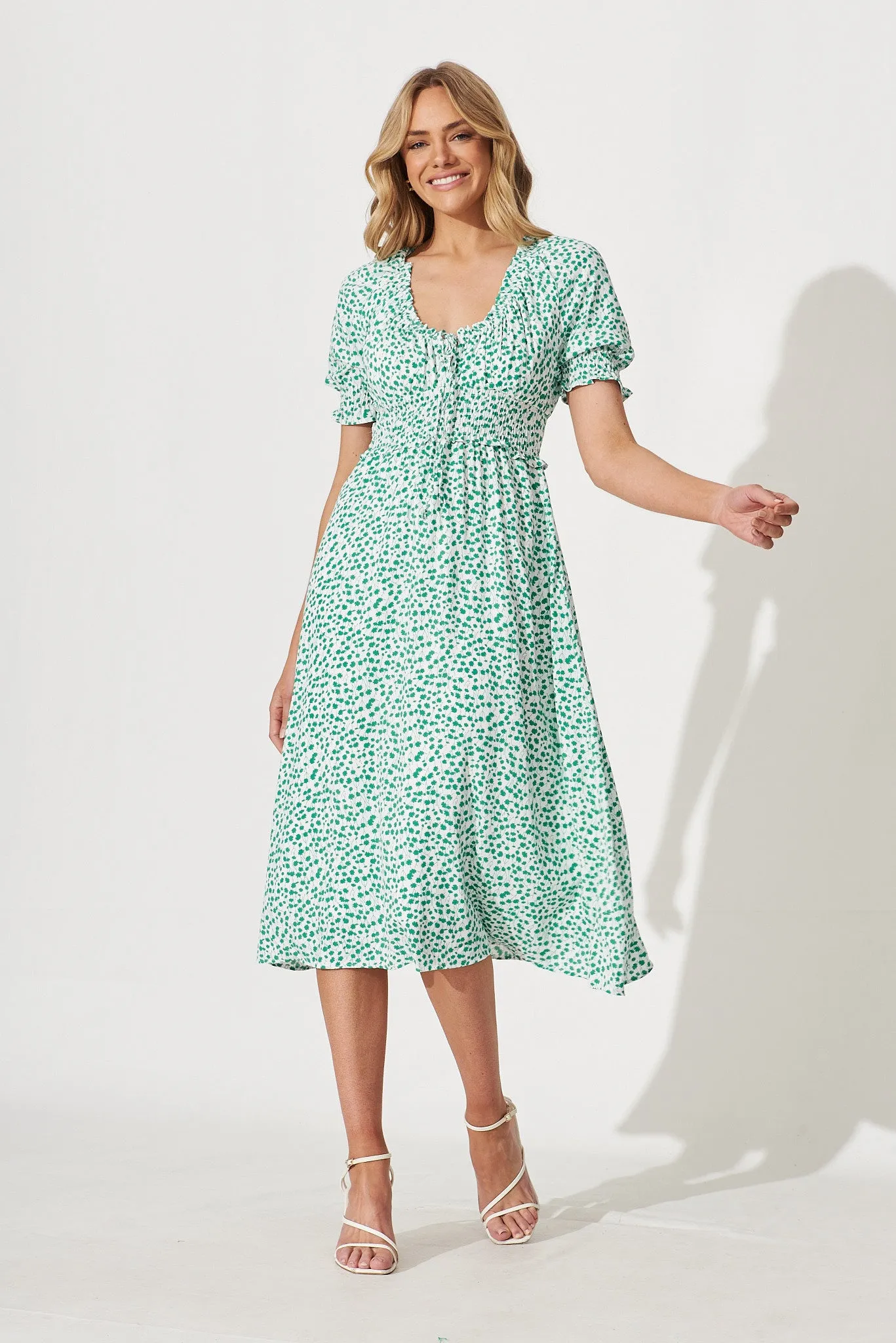Lucille Midi Dress In White With Green Ditsy Floral sold by St Frock