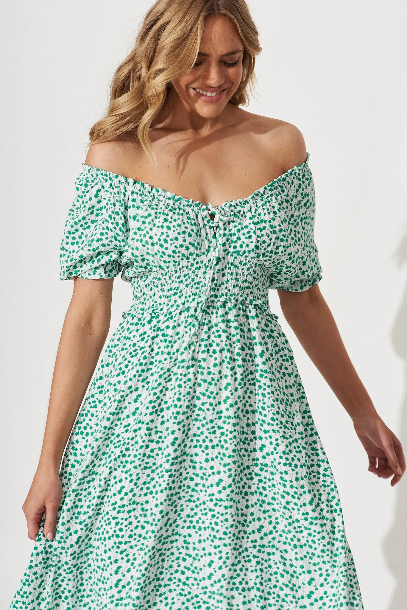 Lucille Midi Dress In White With Green Ditsy Floral sold by St Frock product image thumbnail 5