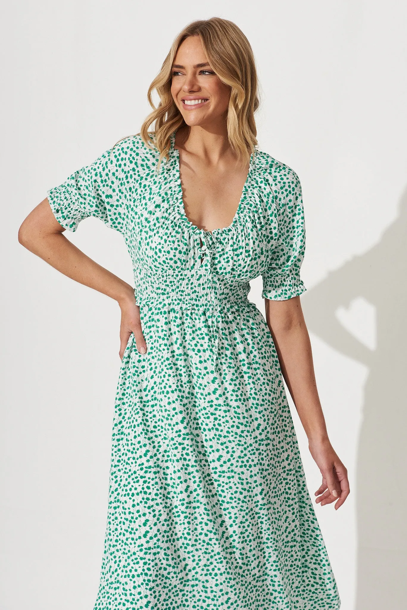 Lucille Midi Dress In White With Green Ditsy Floral sold by St Frock product image thumbnail 2