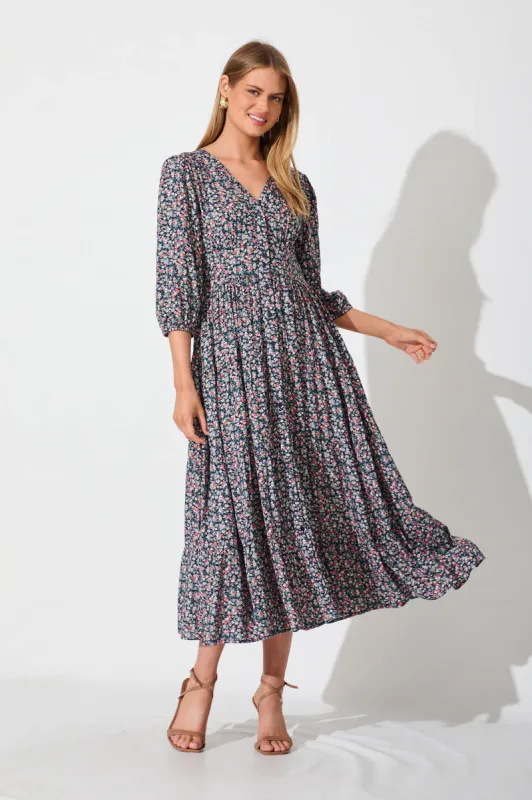 Ember Midi Dress In Navy With Multi Ditsy Floral sold by St Frock