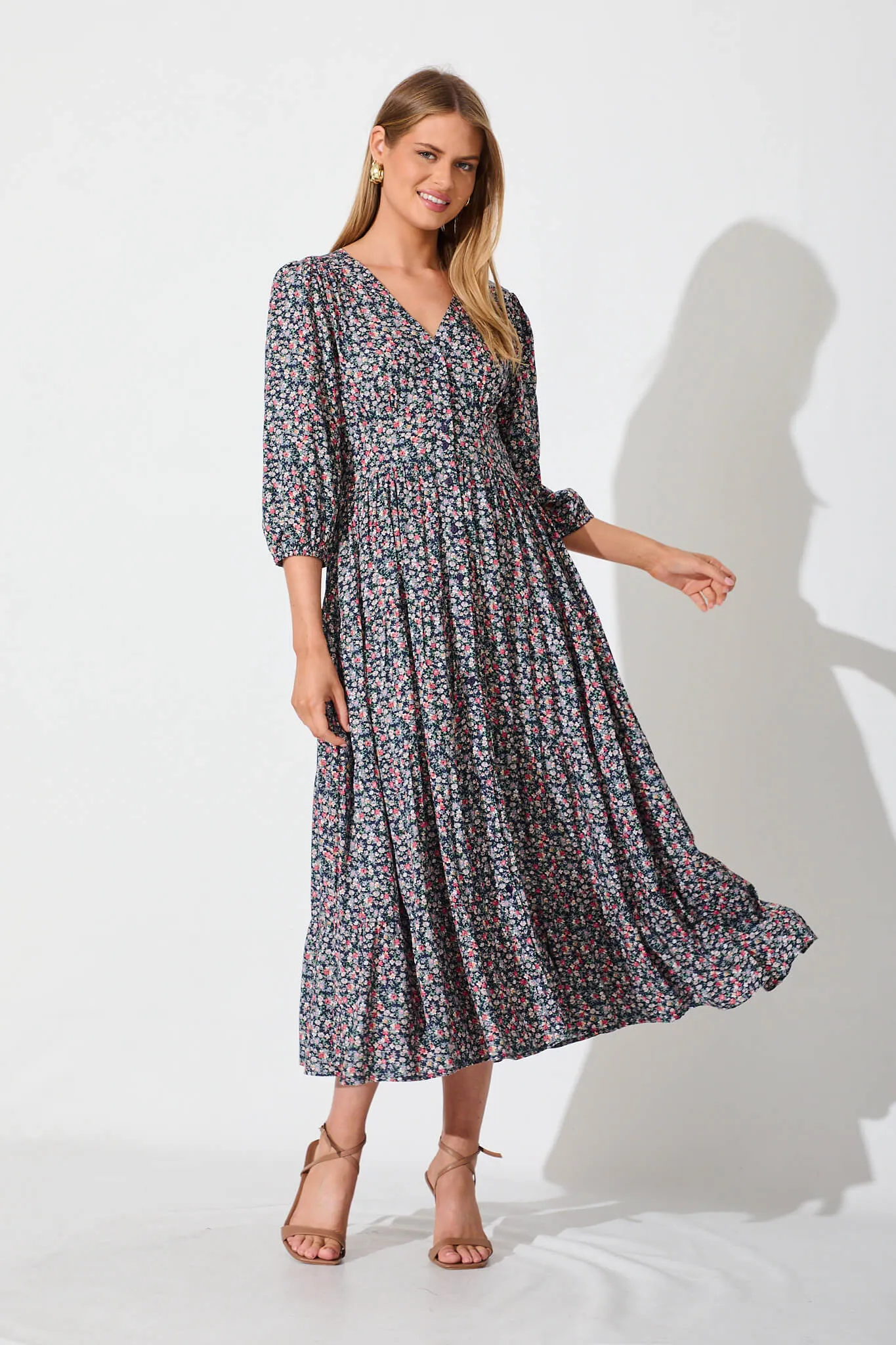 Ember Midi Dress In Navy With Multi Ditsy Floral sold by St Frock
