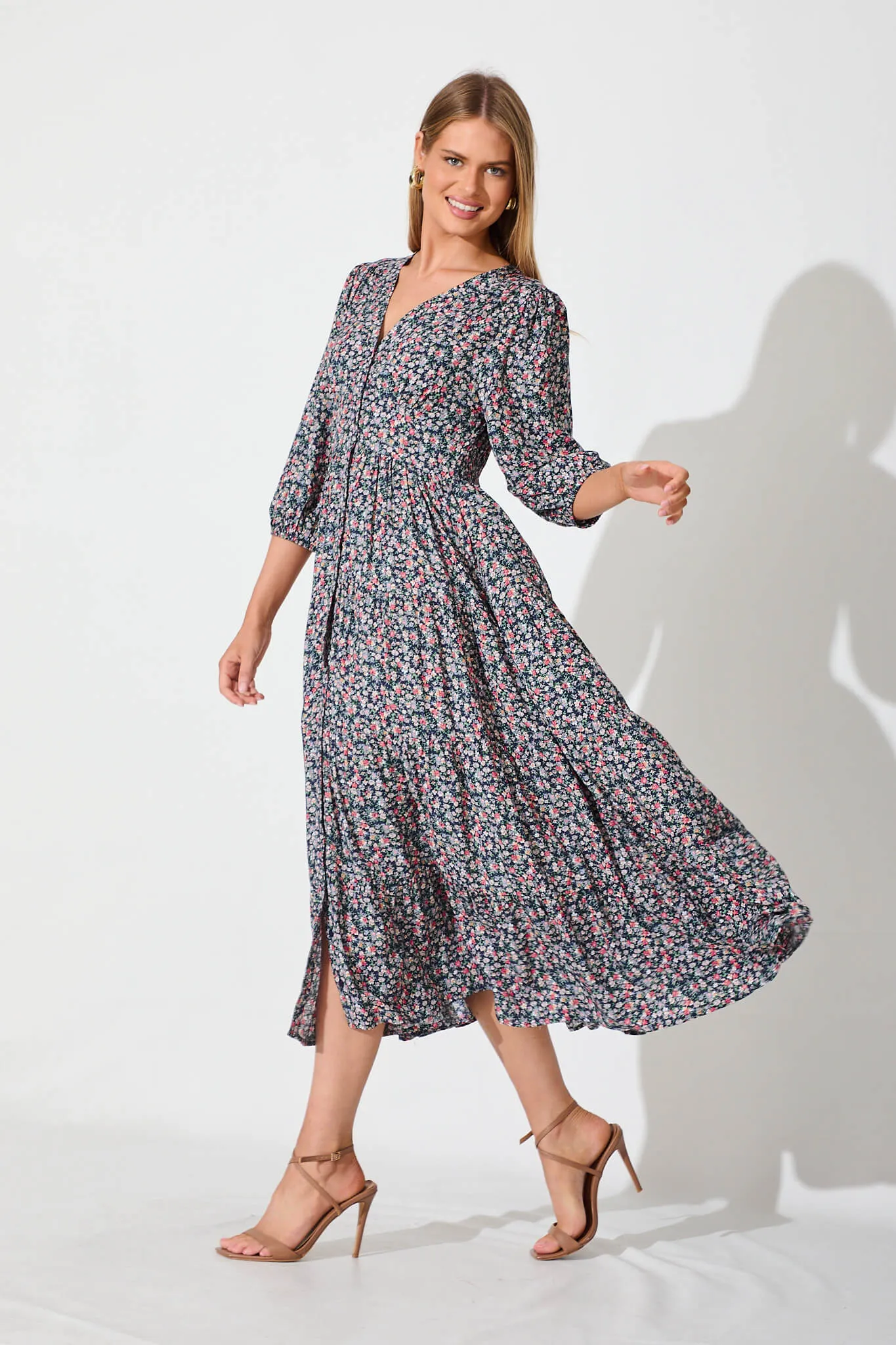 Ember Midi Dress In Navy With Multi Ditsy Floral sold by St Frock product image thumbnail 3
