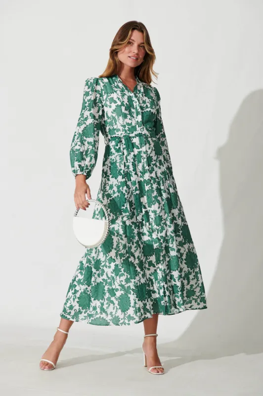 Lorie Maxi Shirt Dress In Emerald With White Floral Cotton Blend sold by St Frock