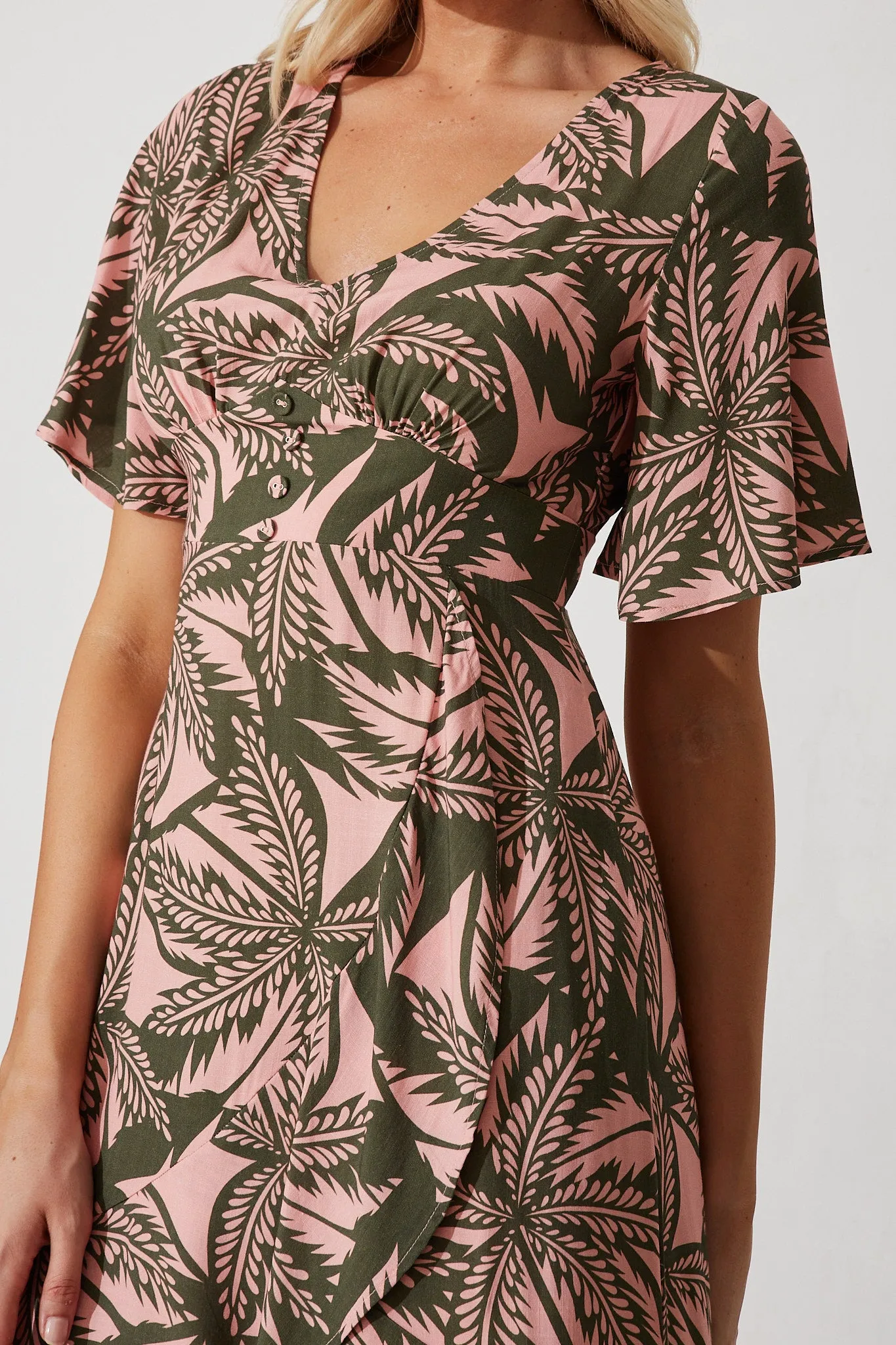 Valencia Midi Dress In Blush With Green Leaf Print Linen Blend sold by St Frock product image thumbnail 4