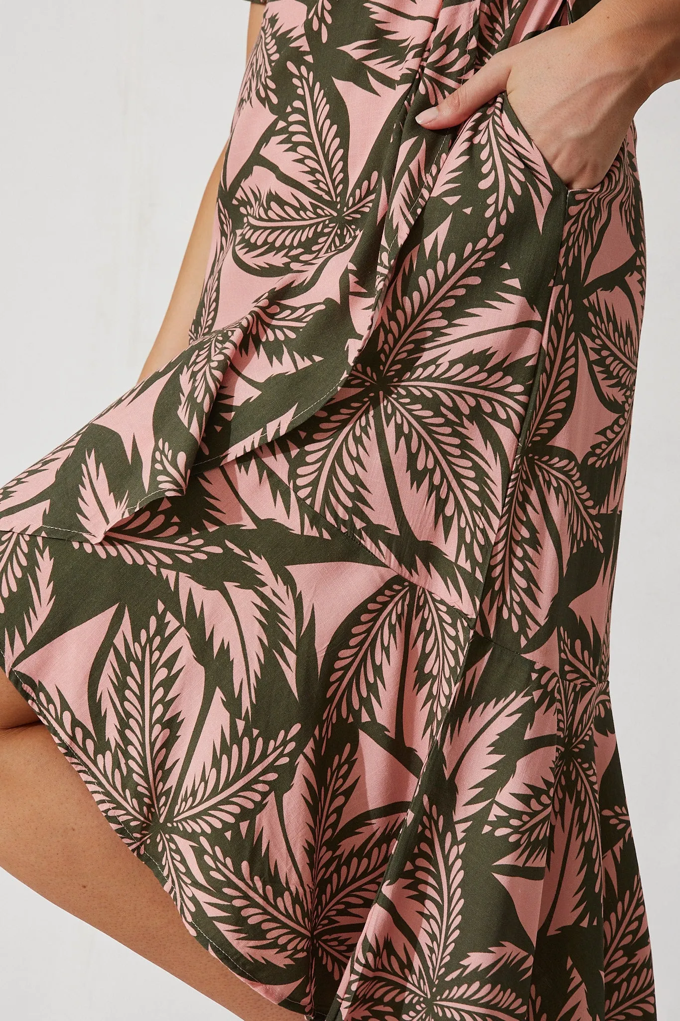 Valencia Midi Dress In Blush With Green Leaf Print Linen Blend sold by St Frock product image thumbnail 5