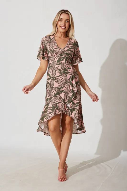 Valencia Midi Dress In Blush With Green Leaf Print Linen Blend sold by St Frock