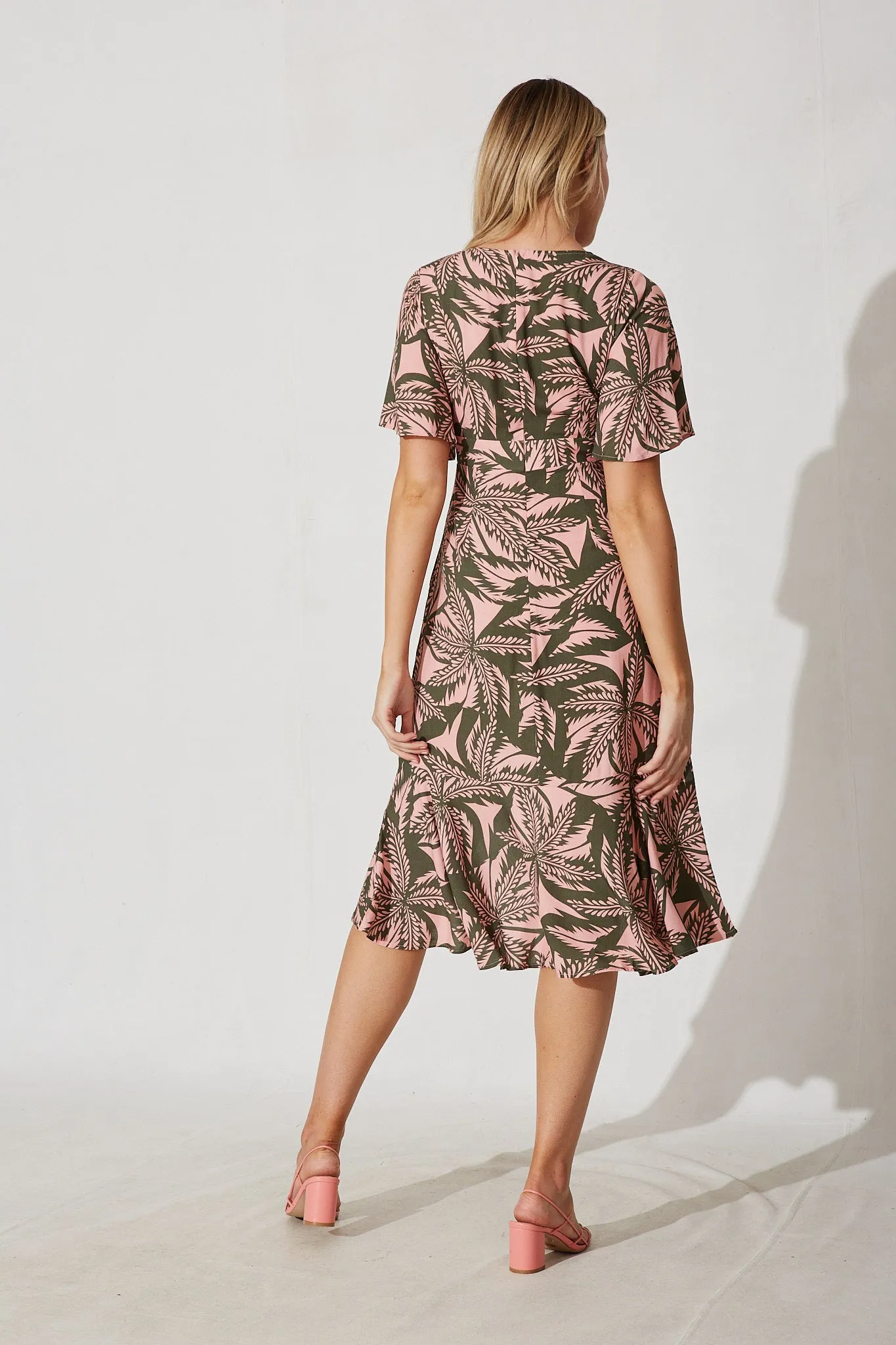 Valencia Midi Dress In Blush With Green Leaf Print Linen Blend sold by St Frock product image thumbnail 3
