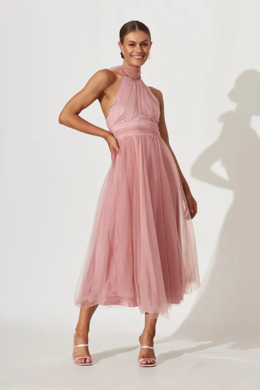 Skyfall Halter Neck Midi Dress In Blush Tulle sold by St Frock