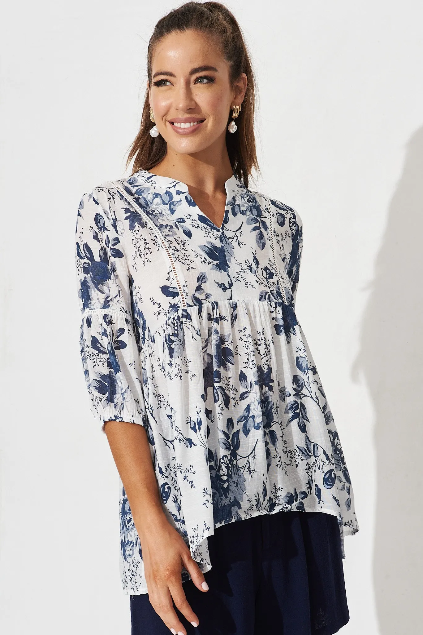 Ommina Top In White With Navy Floral sold by St Frock product image thumbnail 2