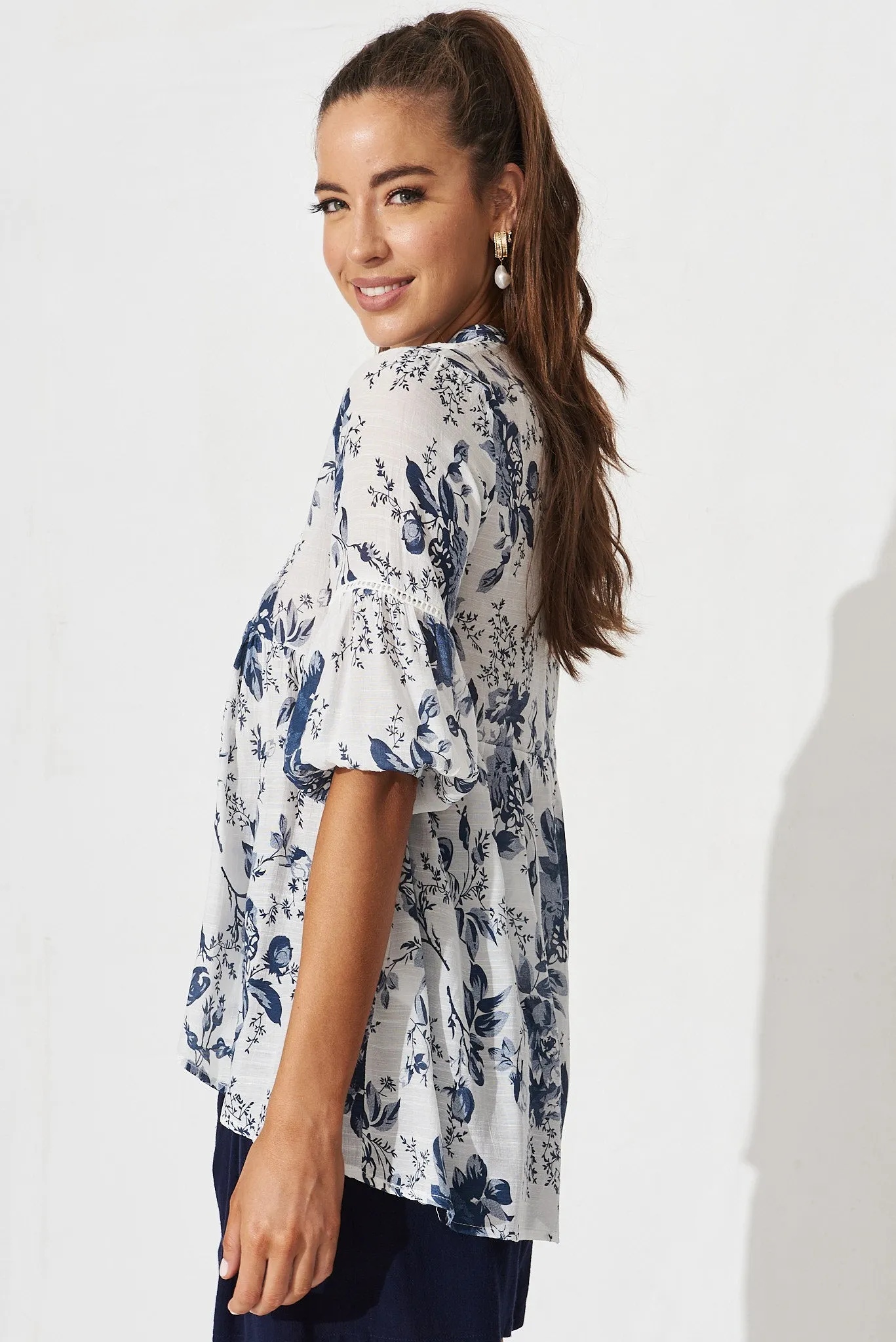 Ommina Top In White With Navy Floral sold by St Frock product image thumbnail 3