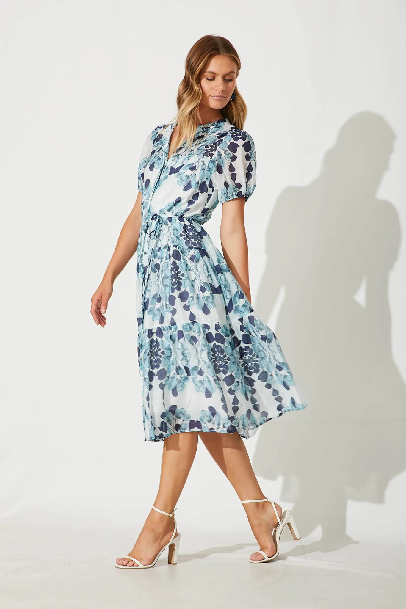 Gallery Midi Dress In Blue Leaf Print Cotton Blend sold by St Frock product image thumbnail 3