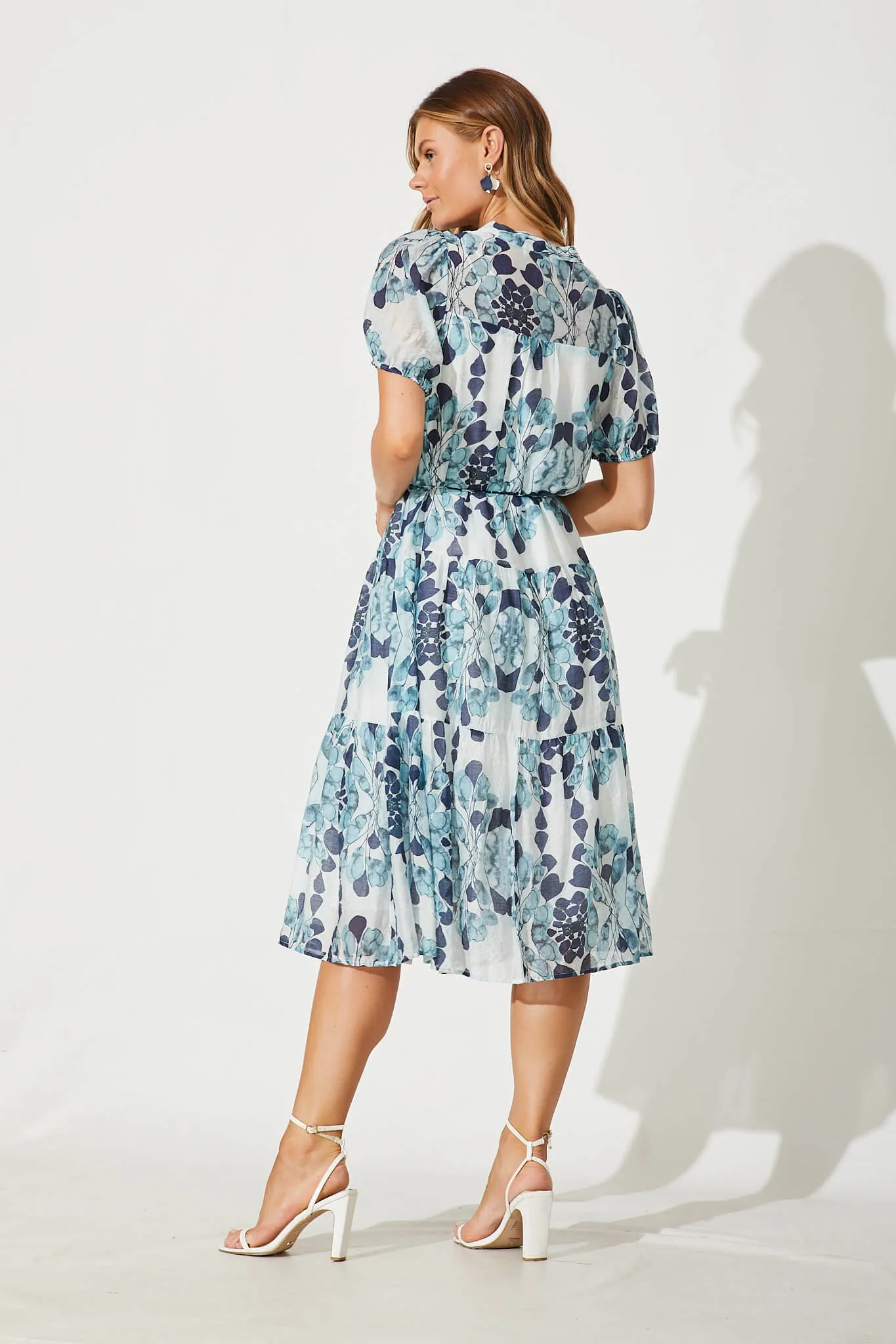 Gallery Midi Dress In Blue Leaf Print Cotton Blend sold by St Frock product image thumbnail 4
