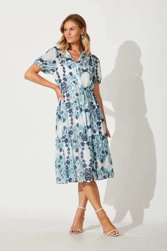 Gallery Midi Dress In Blue Leaf Print Cotton Blend sold by St Frock