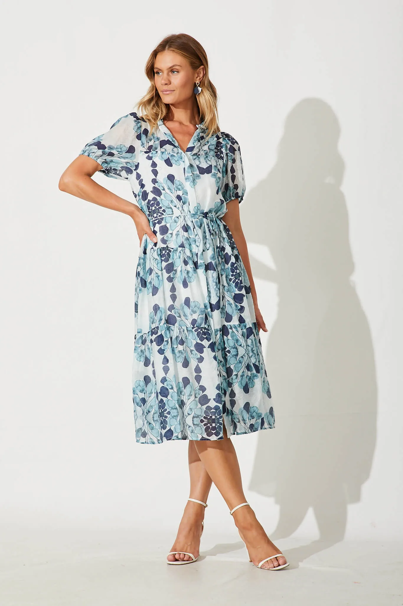 Gallery Midi Dress In Blue Leaf Print Cotton Blend sold by St Frock