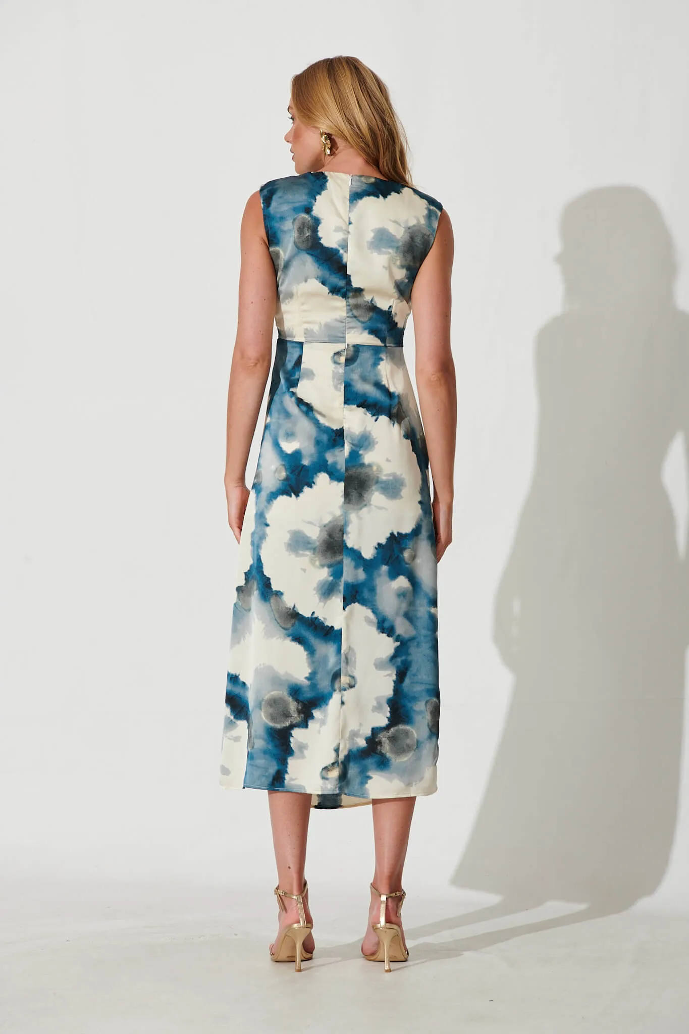 Wonderful World Maxi Dress In Cream With Navy Watercolour Satin sold by St Frock product image thumbnail 4