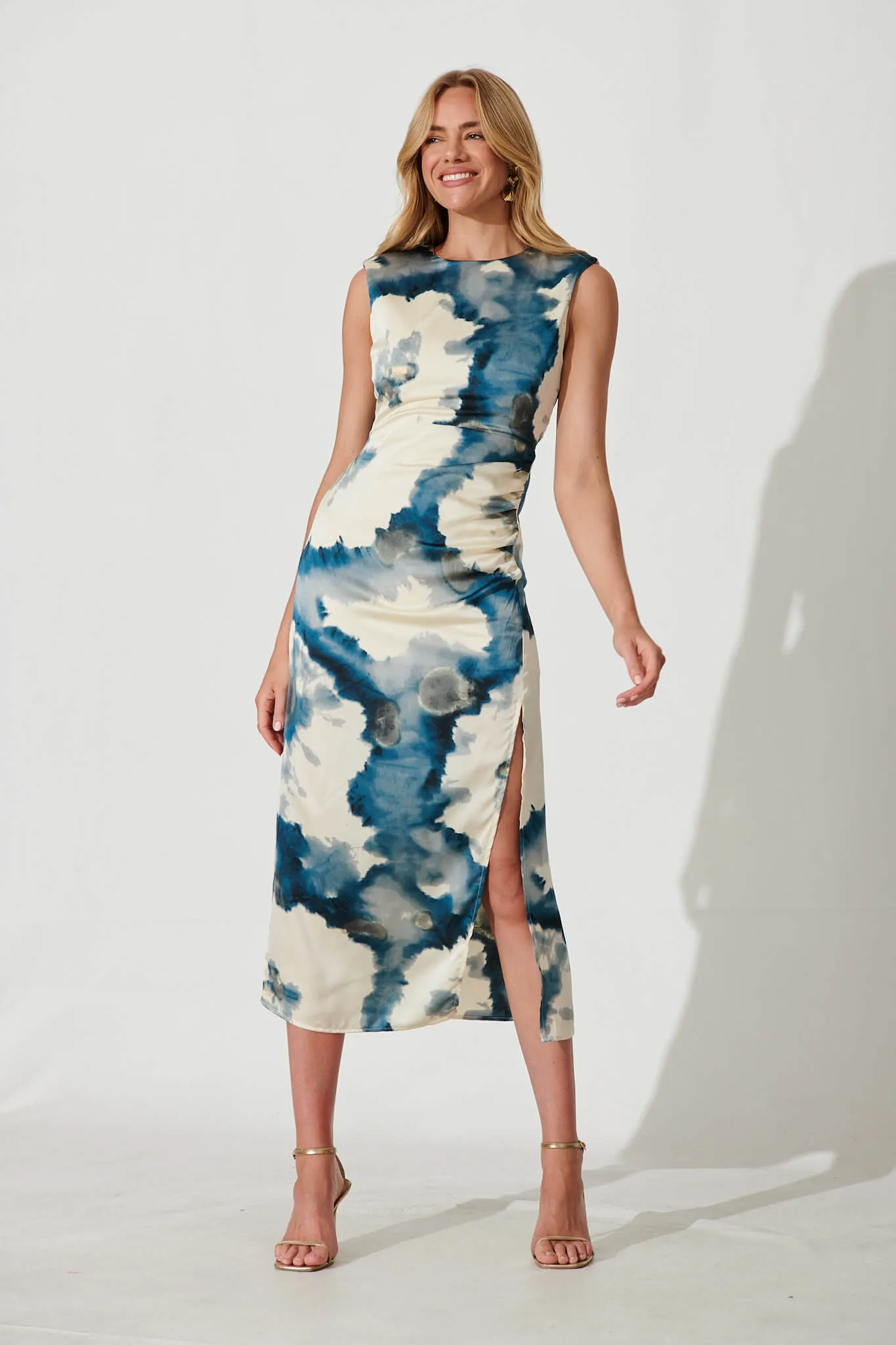 Wonderful World Maxi Dress In Cream With Navy Watercolour Satin sold by St Frock