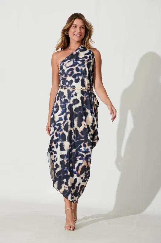 Goddess One Shoulder Maxi Dress In Navy And White Print sold by St Frock