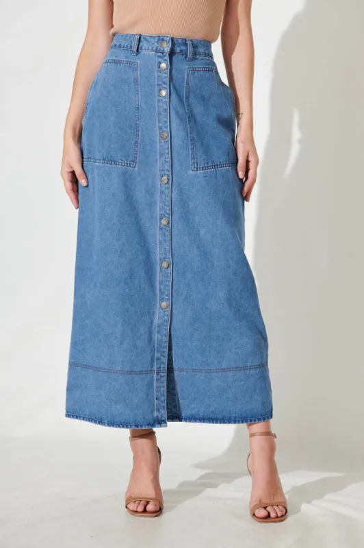 Hayden Maxi Denim Skirt In Mid Blue sold by St Frock