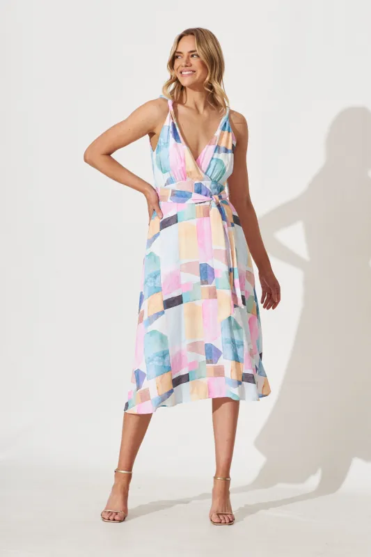 Miami Midi Dress In White With Multi Print Cotton Blend sold by St Frock