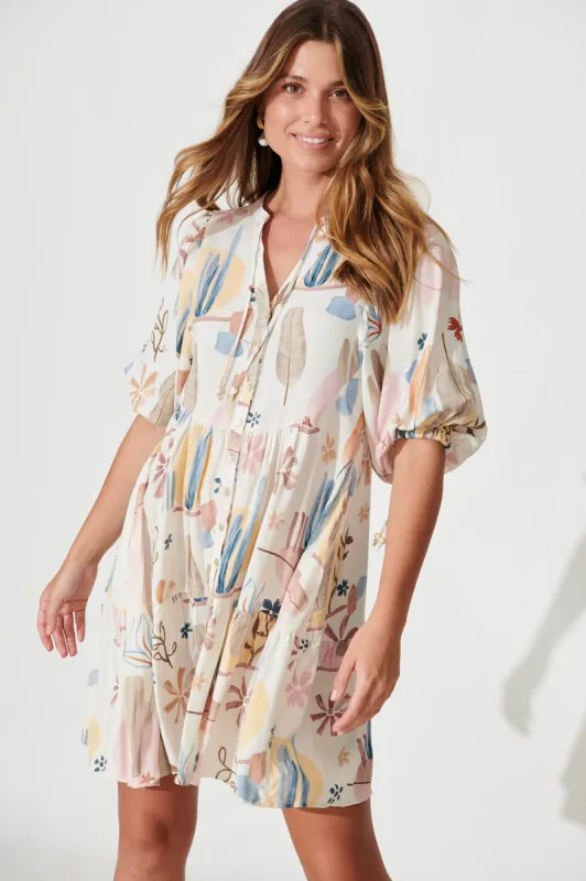Emelyn Smock Dress In White With Multi Desert Print sold by St Frock
