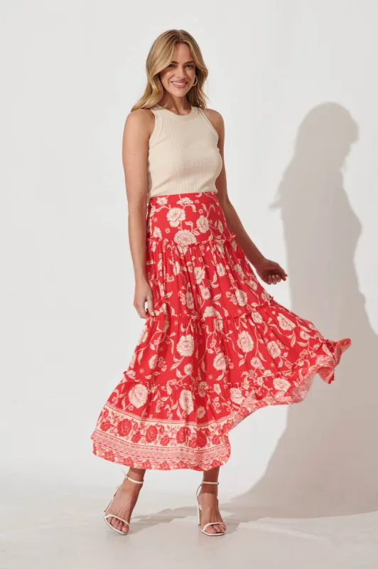 Imelda Maxi Skirt In Red With Cream Floral sold by St Frock