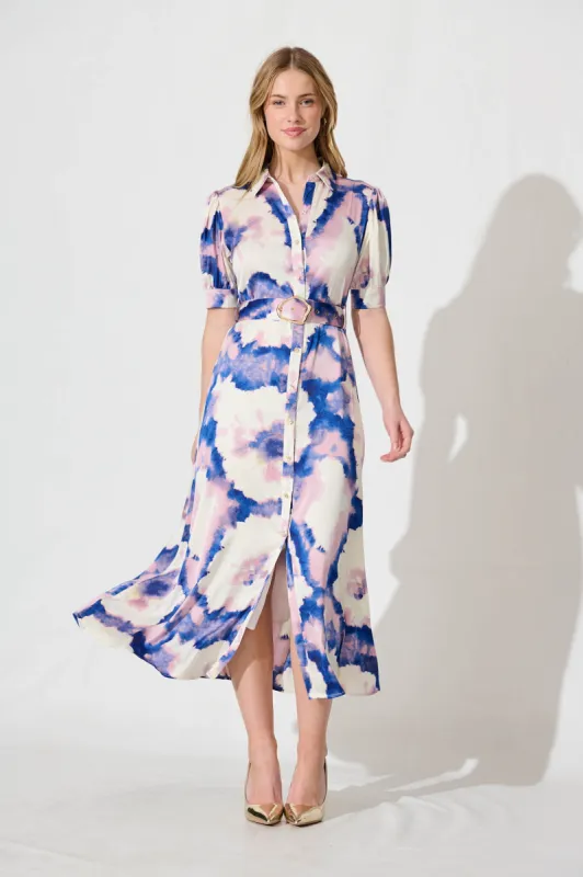 Trinity Maxi Shirt Dress In Blue With Lilac Watercolour sold by St Frock