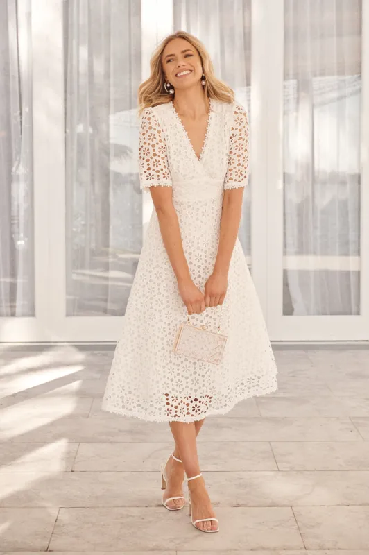 Bethany Midi Dress In White Broderie Cotton sold by St Frock