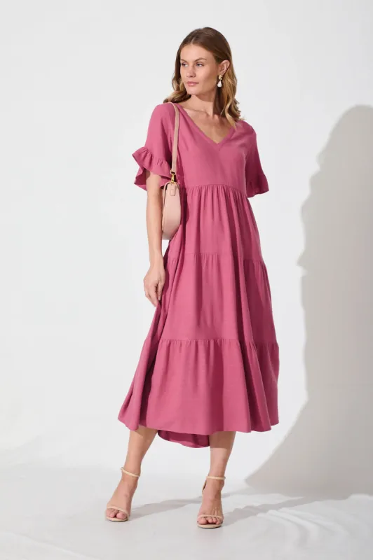 Kristen Midi Smock Dress In Deep Rose Linen Blend sold by St Frock
