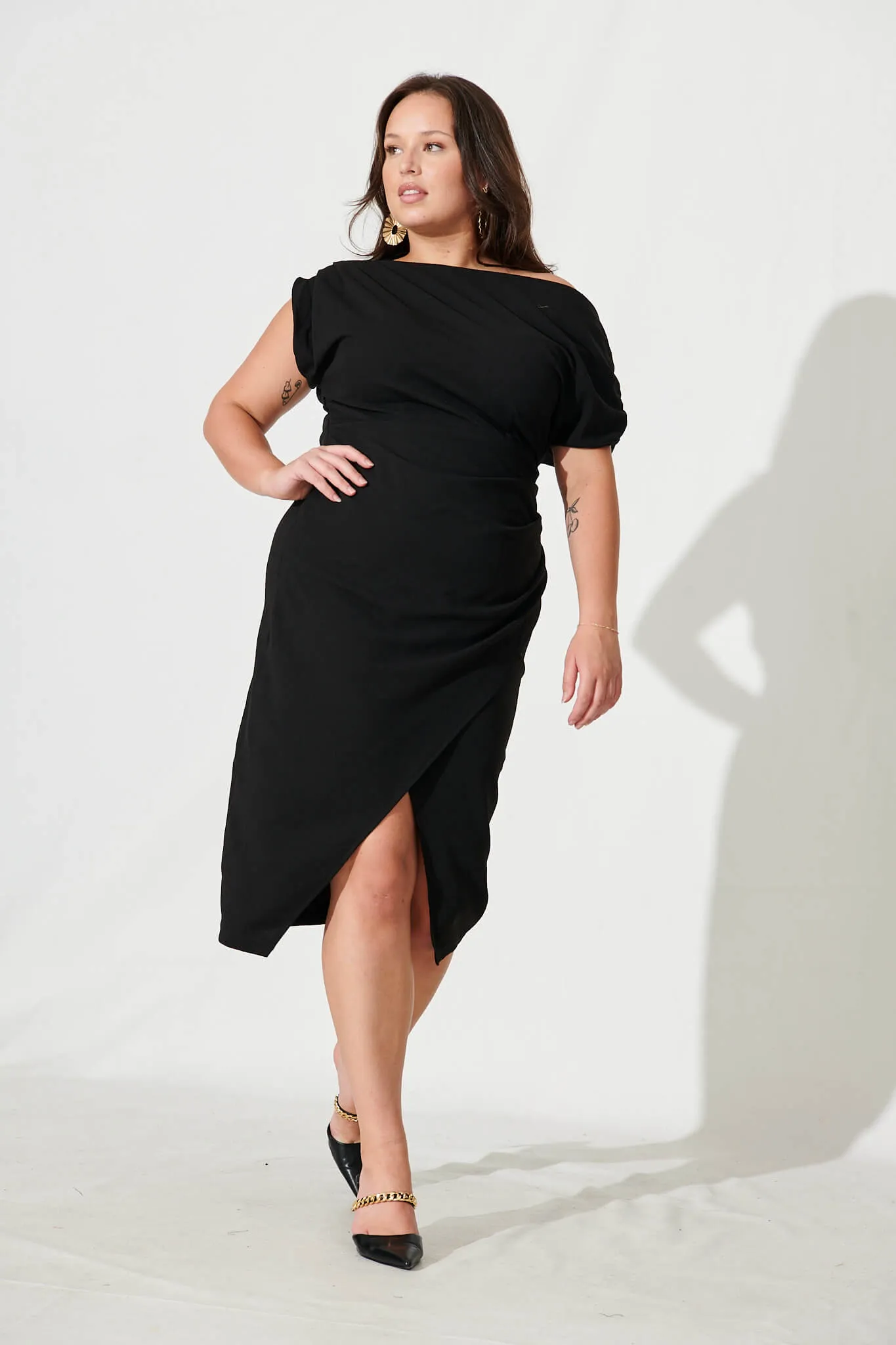 Phoenix Off Shoulder Midi Dress In Black sold by St Frock product image thumbnail 2
