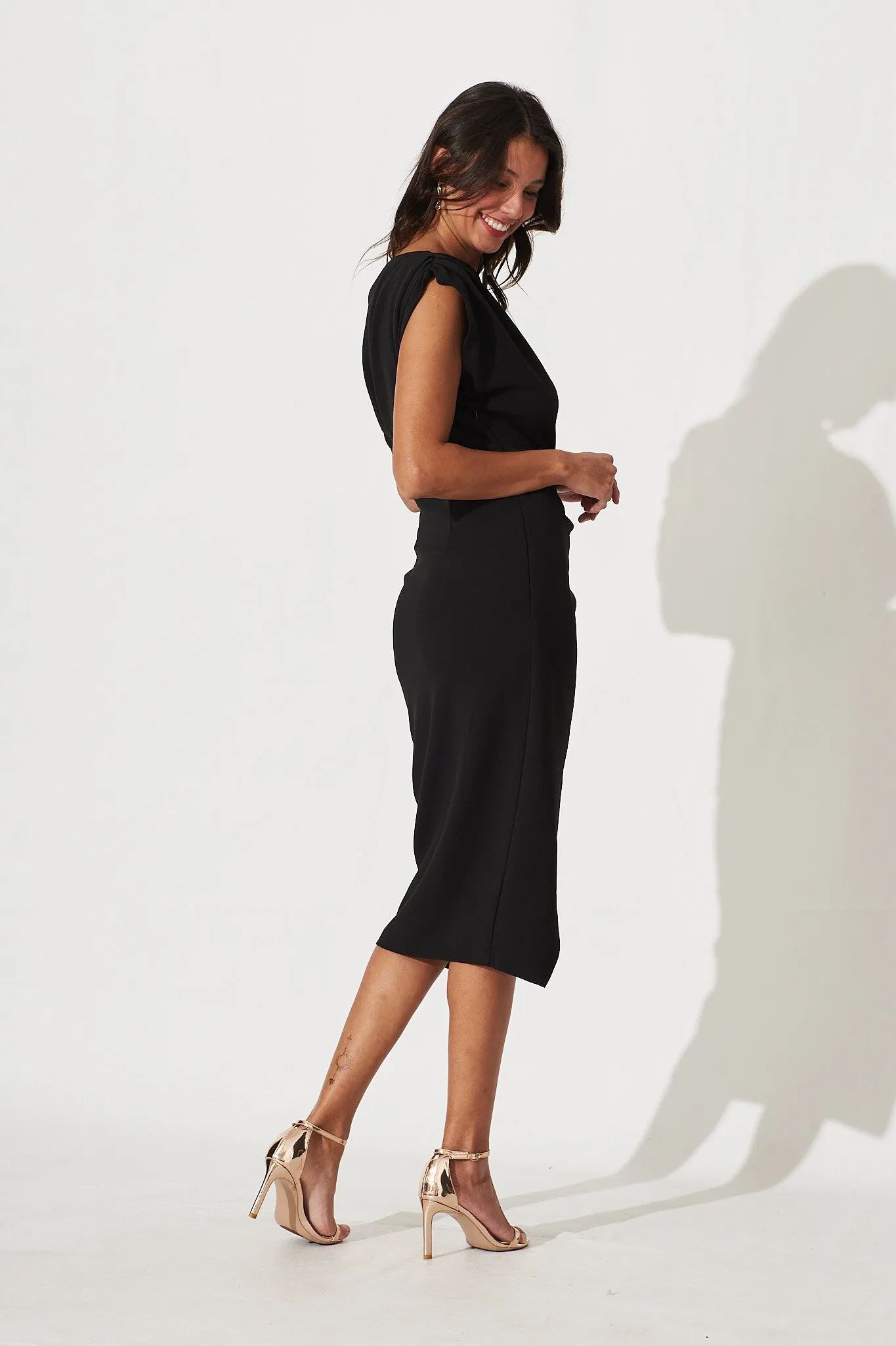 Phoenix Off Shoulder Midi Dress In Black sold by St Frock product image thumbnail 5