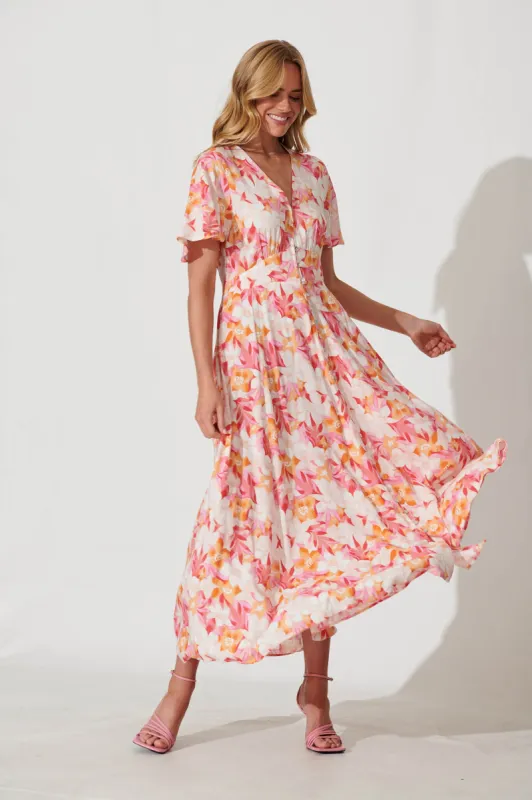 Paulette Maxi Dress In Pink And Orange Floral sold by St Frock